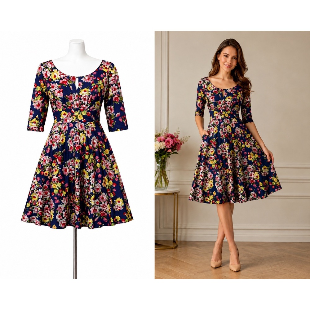 NWT Unique Vintage Navy Floral Fit and Flare Dress with Pockets 3/4 Sleeve